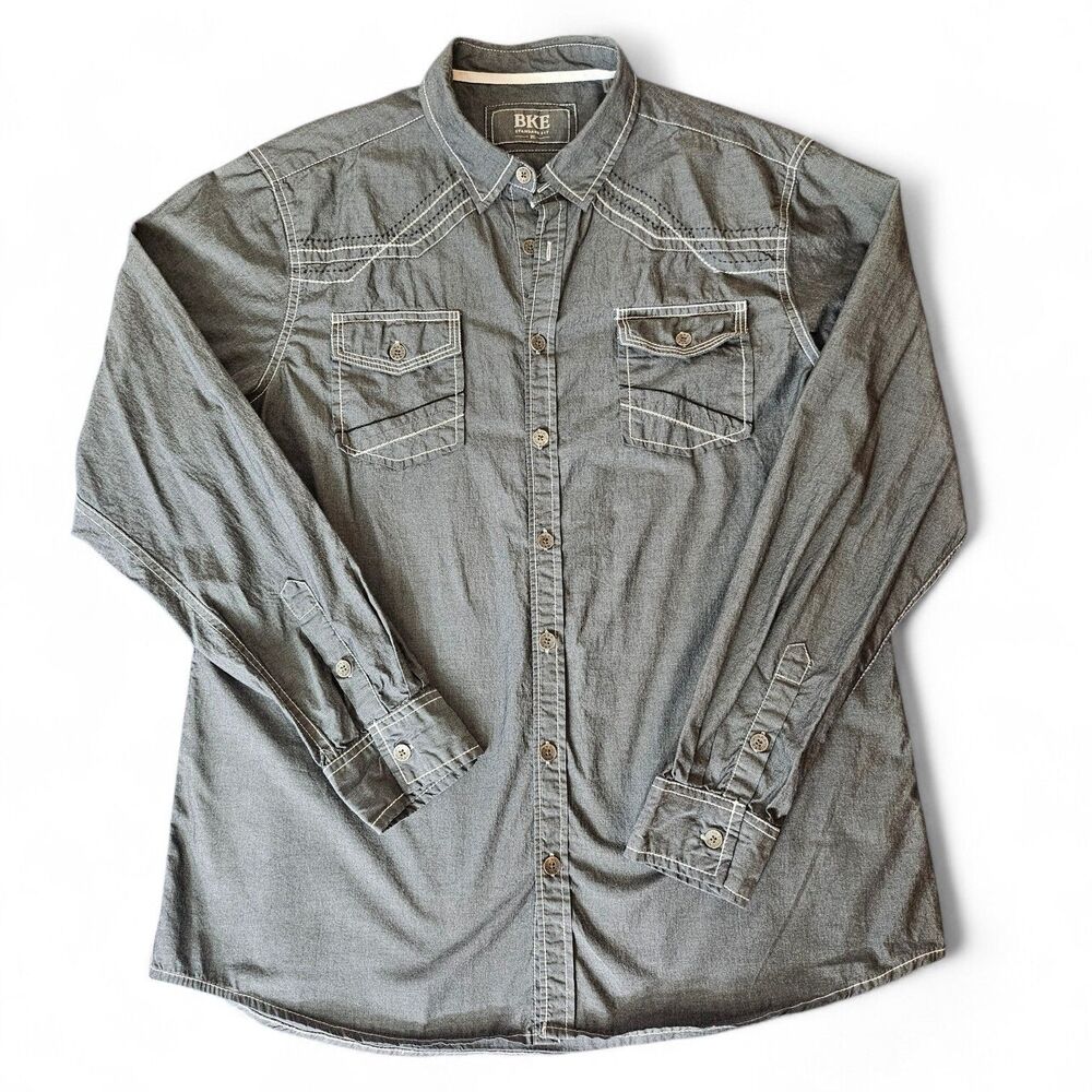 BKE‎ Standard Mens XL Shirt Long Sleeve Gray Thick White Contrast Stitch Western